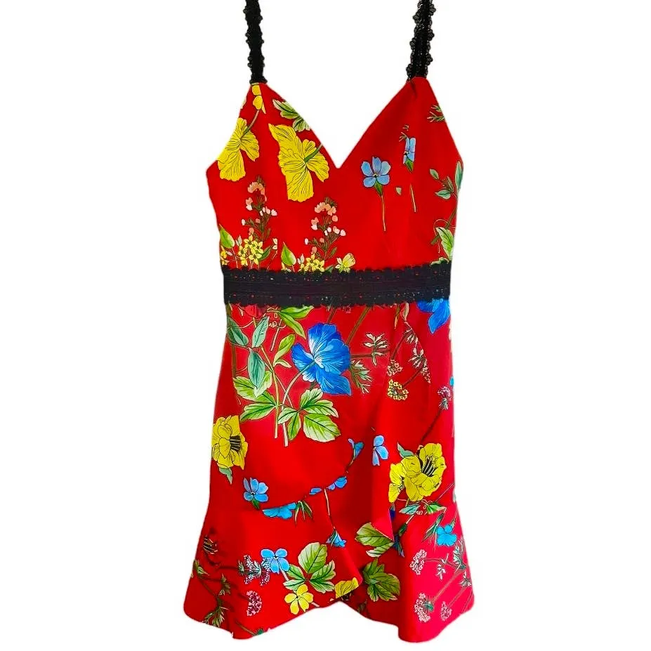 Alice   Olivia Kirby Lace Trimmed Fit and Flare Floral Dress Size 2 Red