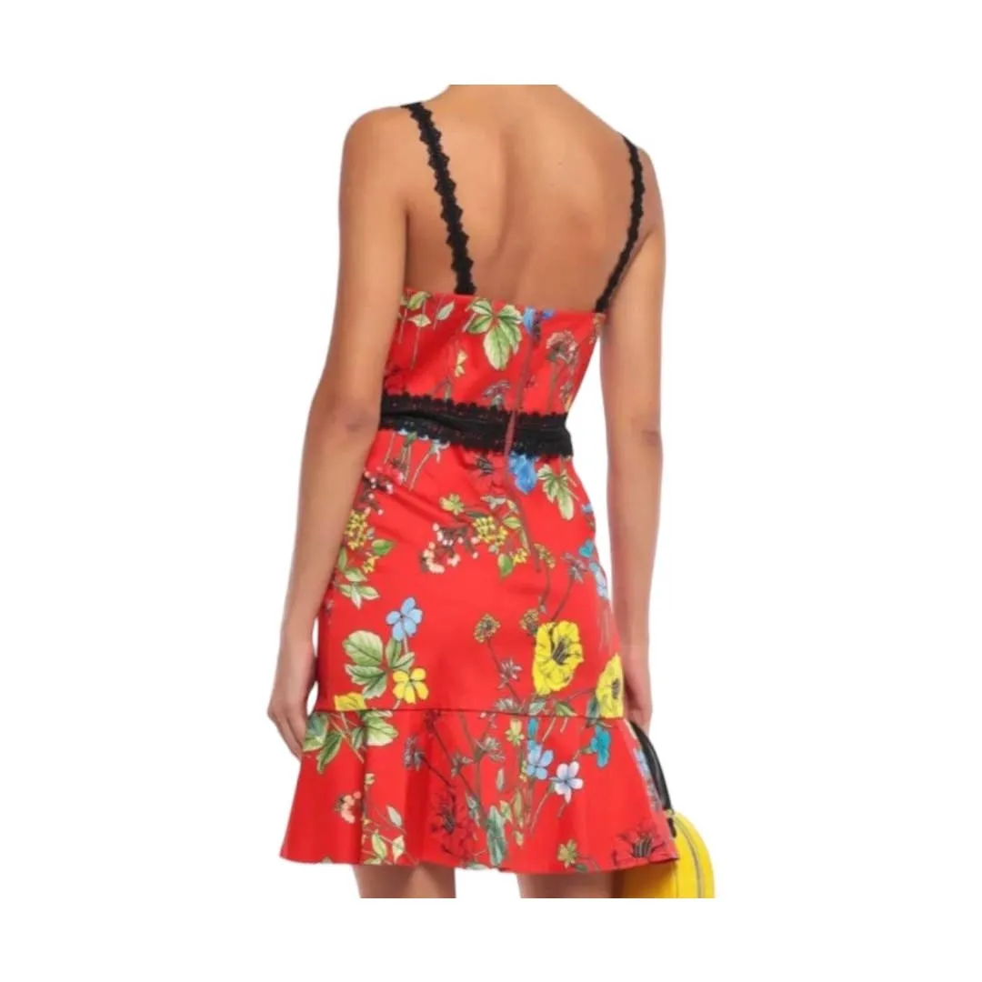 Alice   Olivia Kirby Lace Trimmed Fit and Flare Floral Dress Size 2 Red