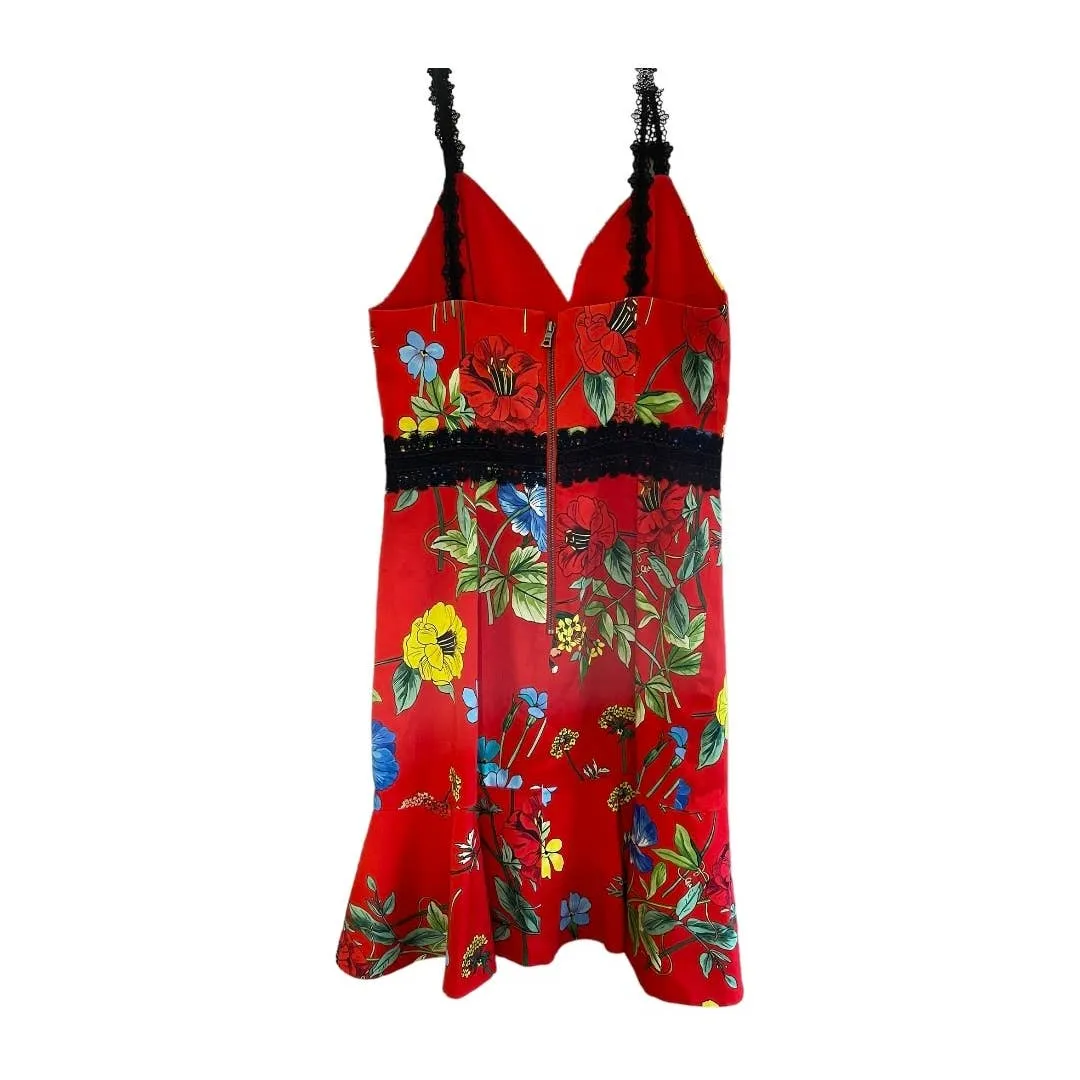 Alice   Olivia Kirby Lace Trimmed Fit and Flare Floral Dress Size 2 Red