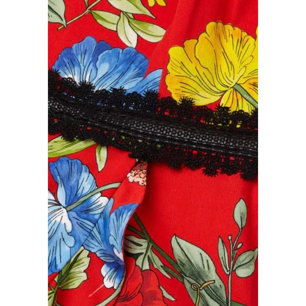 Alice   Olivia Kirby Lace Trimmed Fit and Flare Floral Dress Size 2 Red