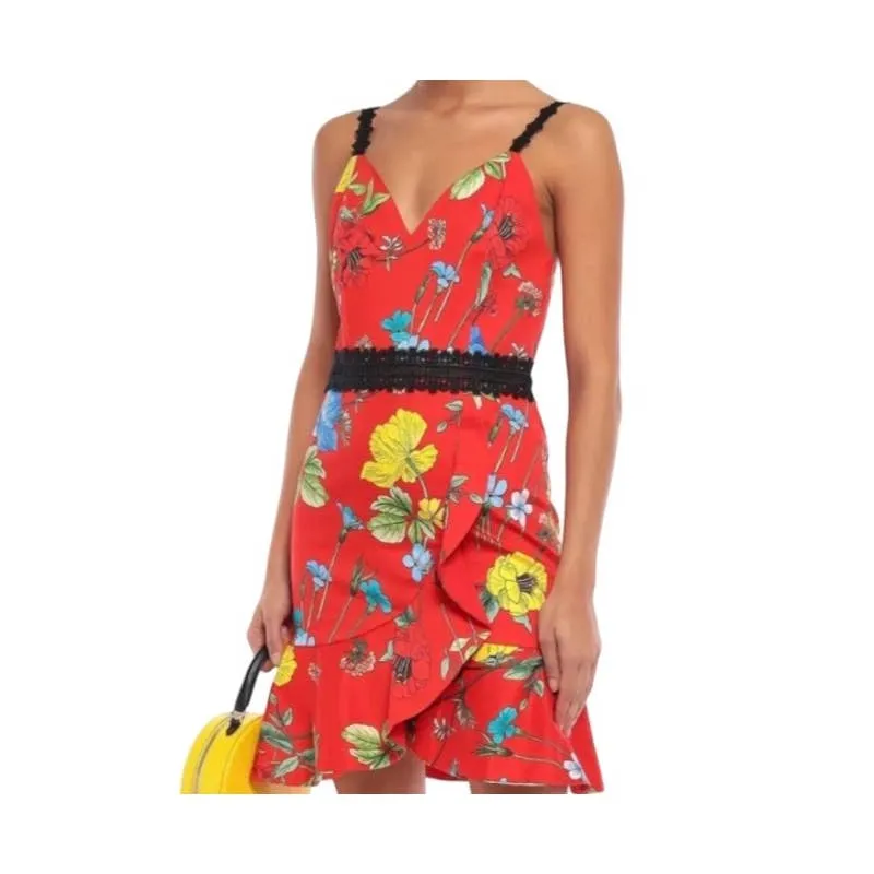 Alice   Olivia Kirby Lace Trimmed Fit and Flare Floral Dress Size 2 Red