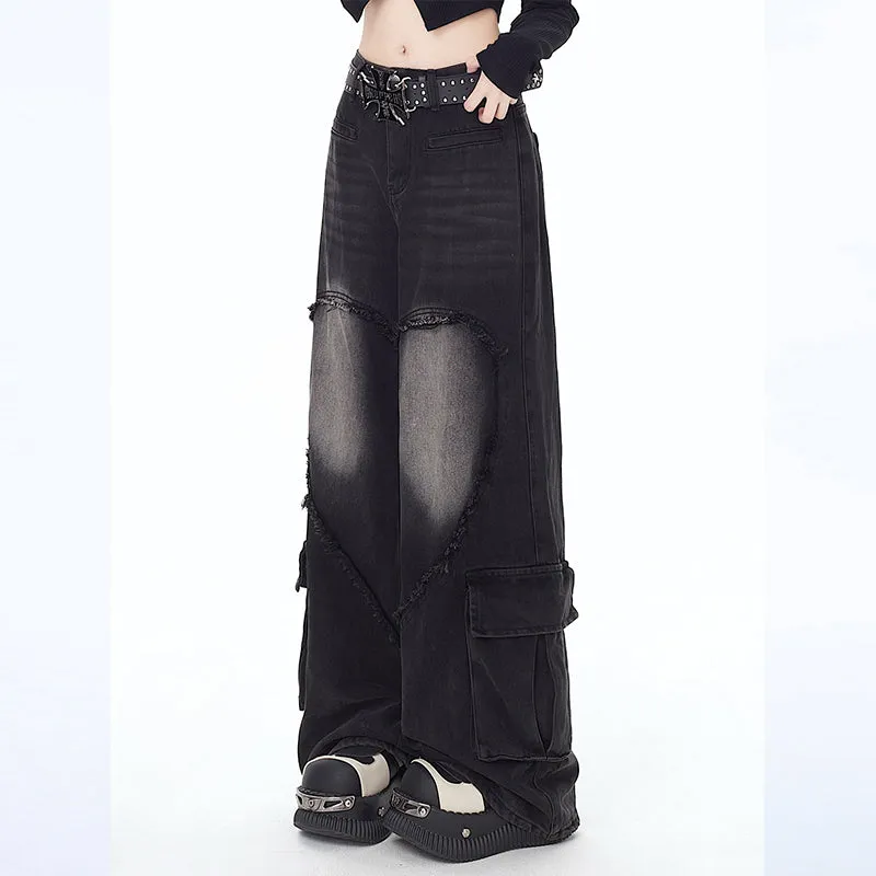 American Girly Style Loving Heart Embroidery Straight Jeans