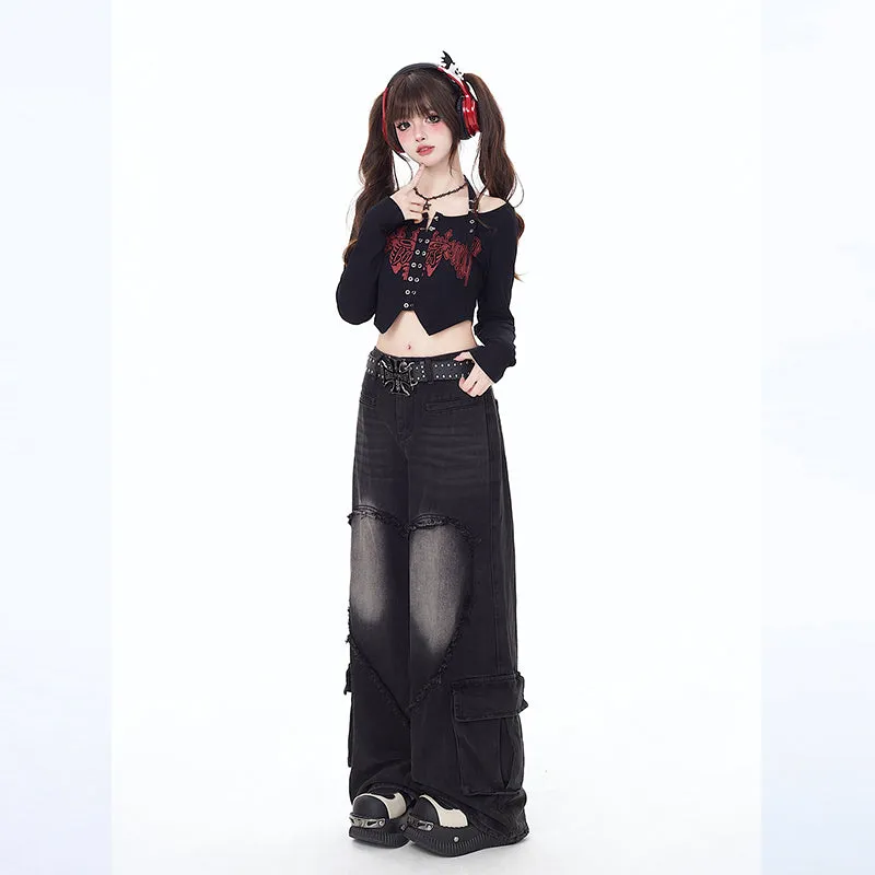 American Girly Style Loving Heart Embroidery Straight Jeans