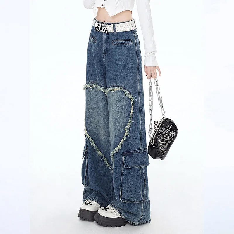 American Girly Style Loving Heart Embroidery Straight Jeans