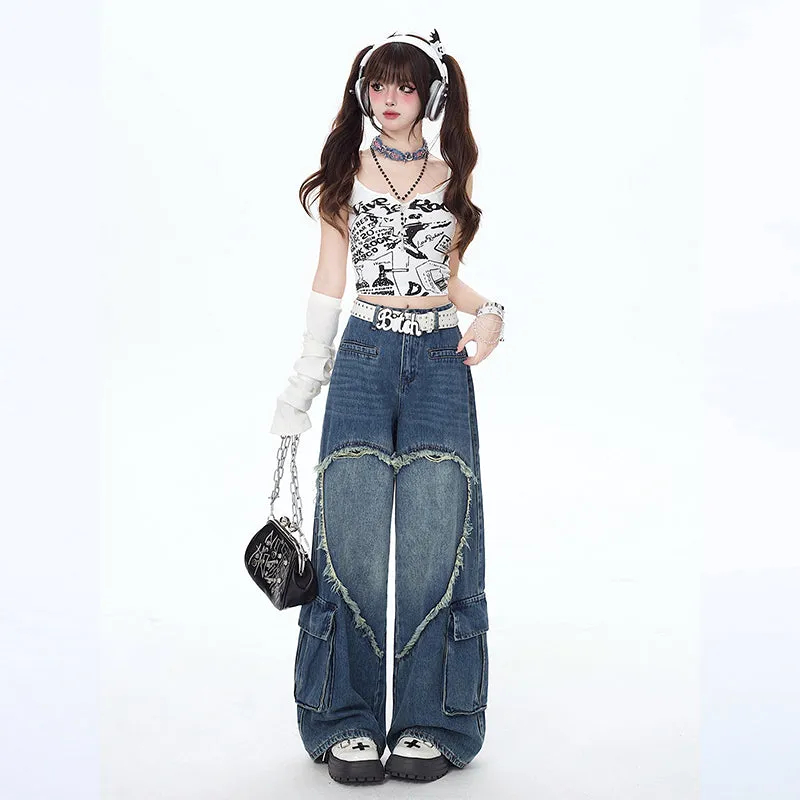 American Girly Style Loving Heart Embroidery Straight Jeans