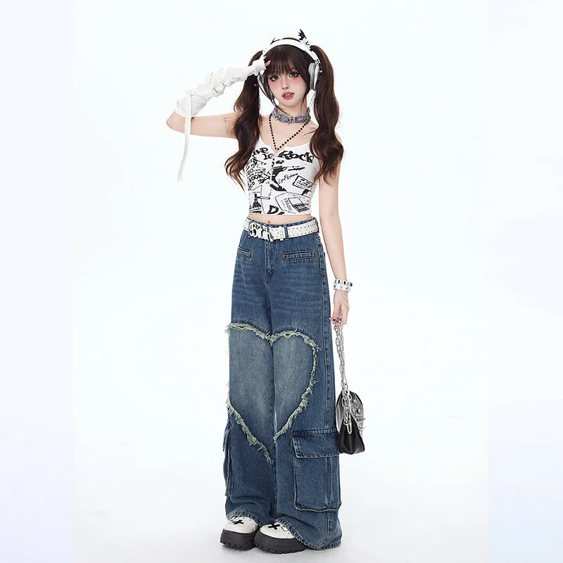 American Girly Style Loving Heart Embroidery Straight Jeans