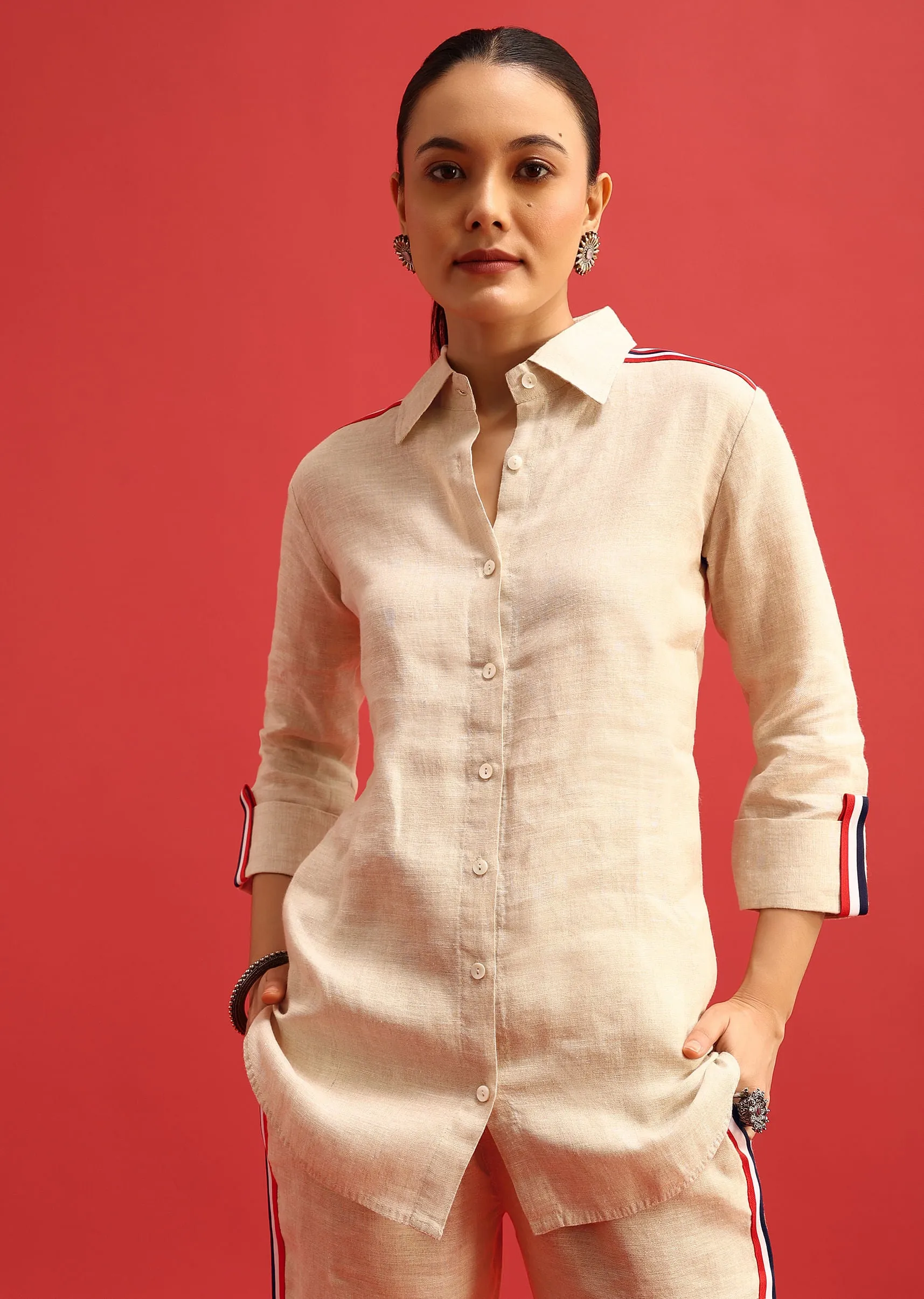 Beige Linen Co ord Set With Patchwork