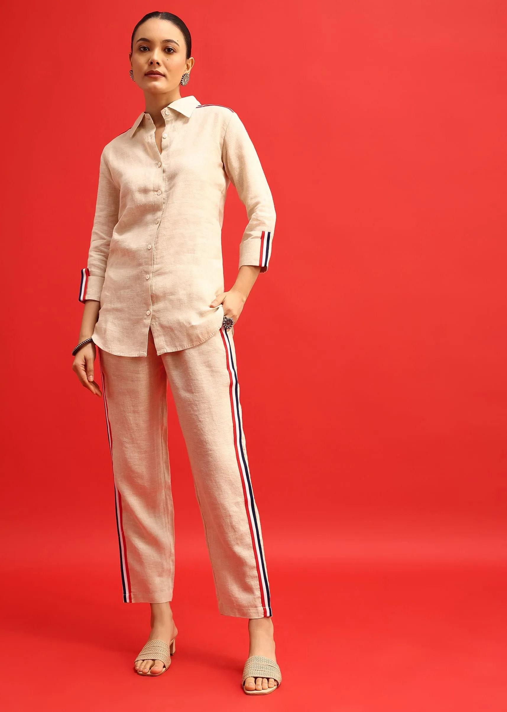 Beige Linen Co ord Set With Patchwork