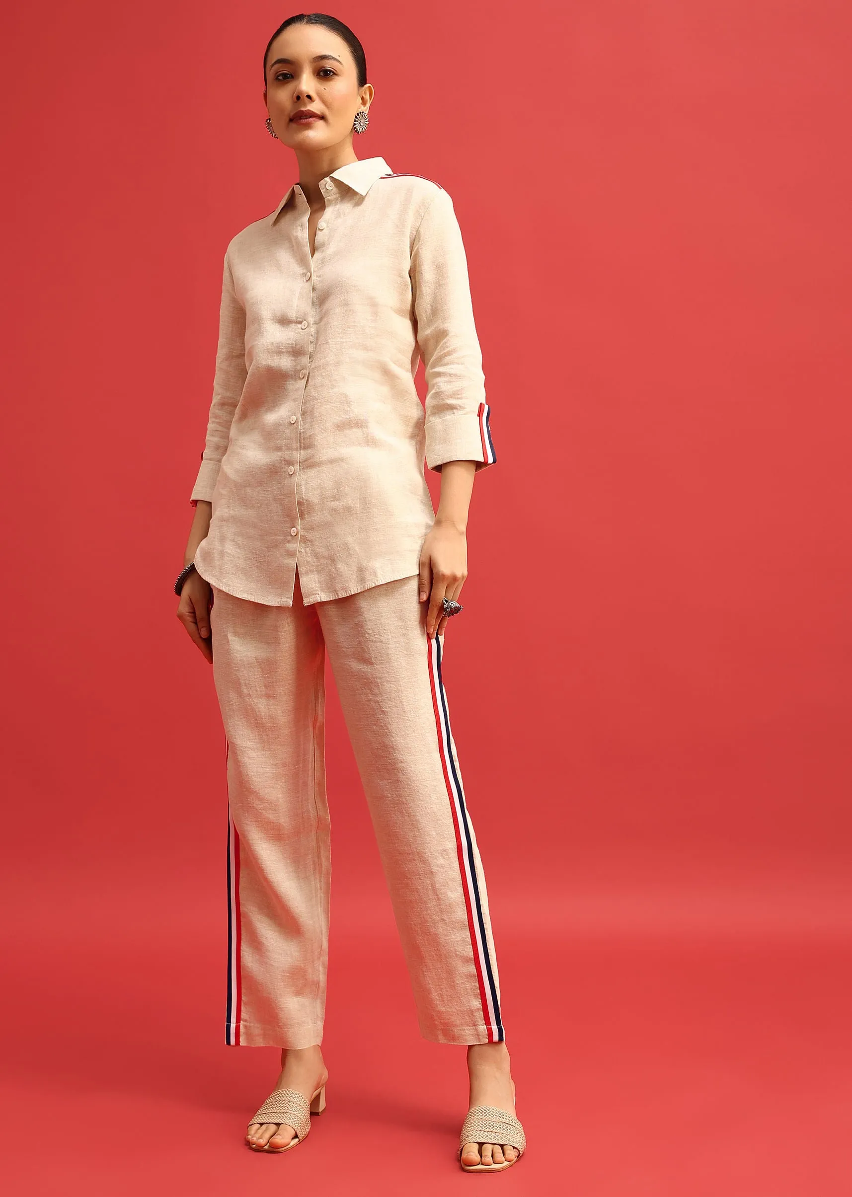 Beige Linen Co ord Set With Patchwork