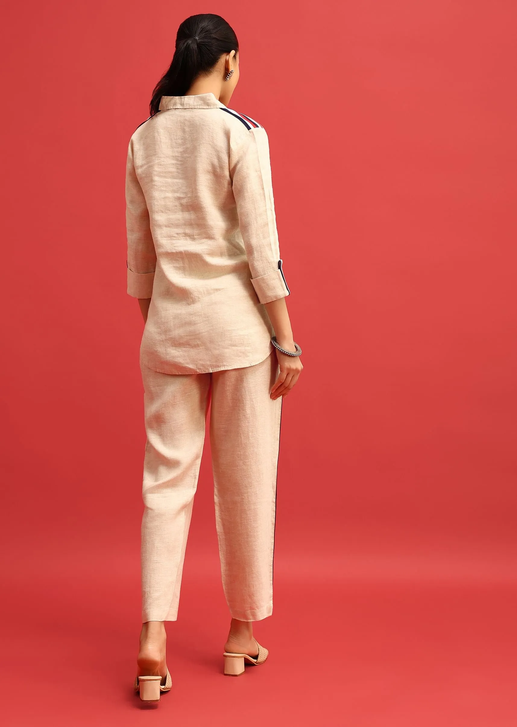 Beige Linen Co ord Set With Patchwork