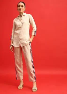 Beige Linen Co ord Set With Patchwork