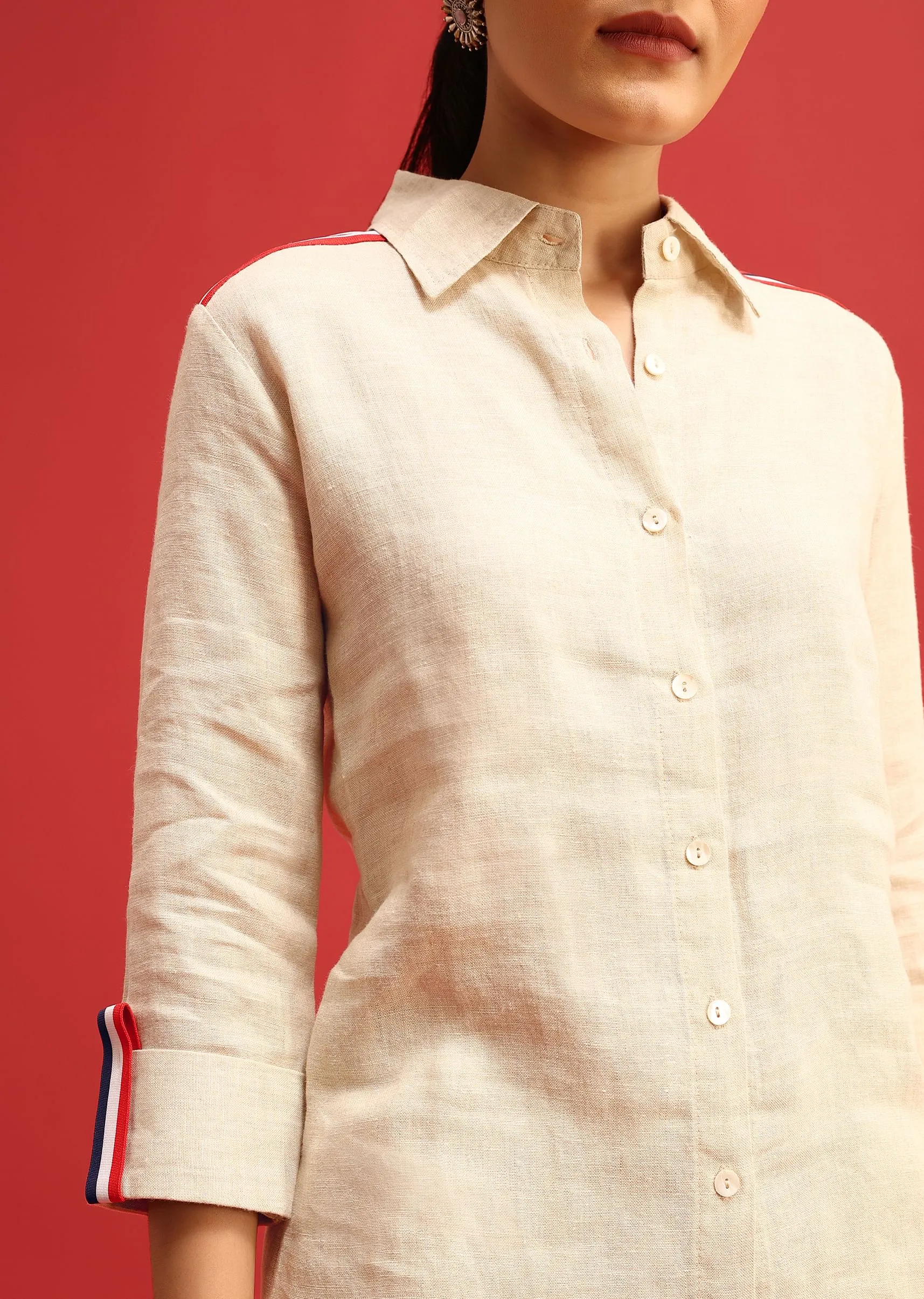 Beige Linen Co ord Set With Patchwork