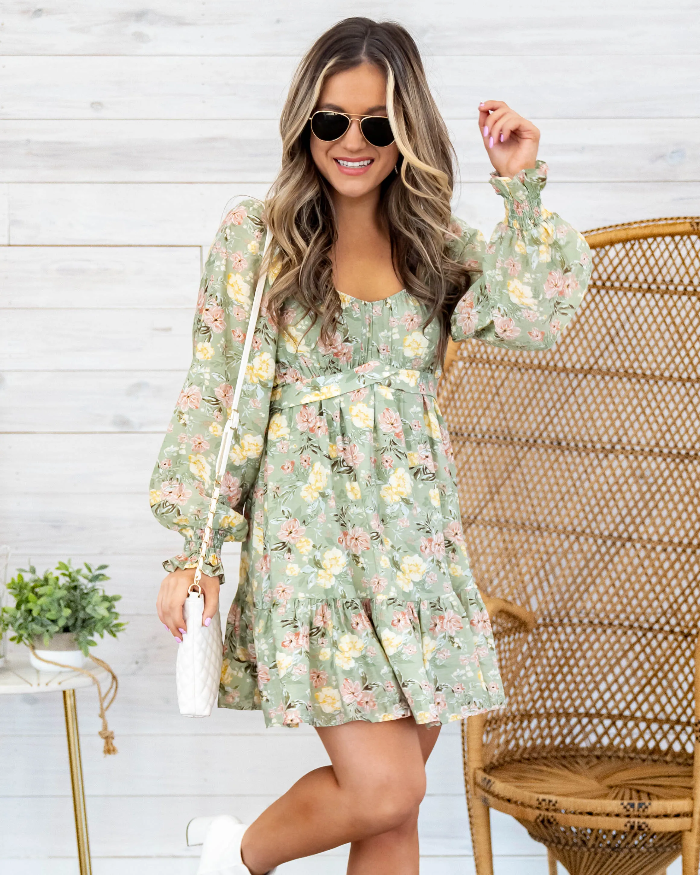Bianca Floral Sweetheart Neckline Dress - Light Olive