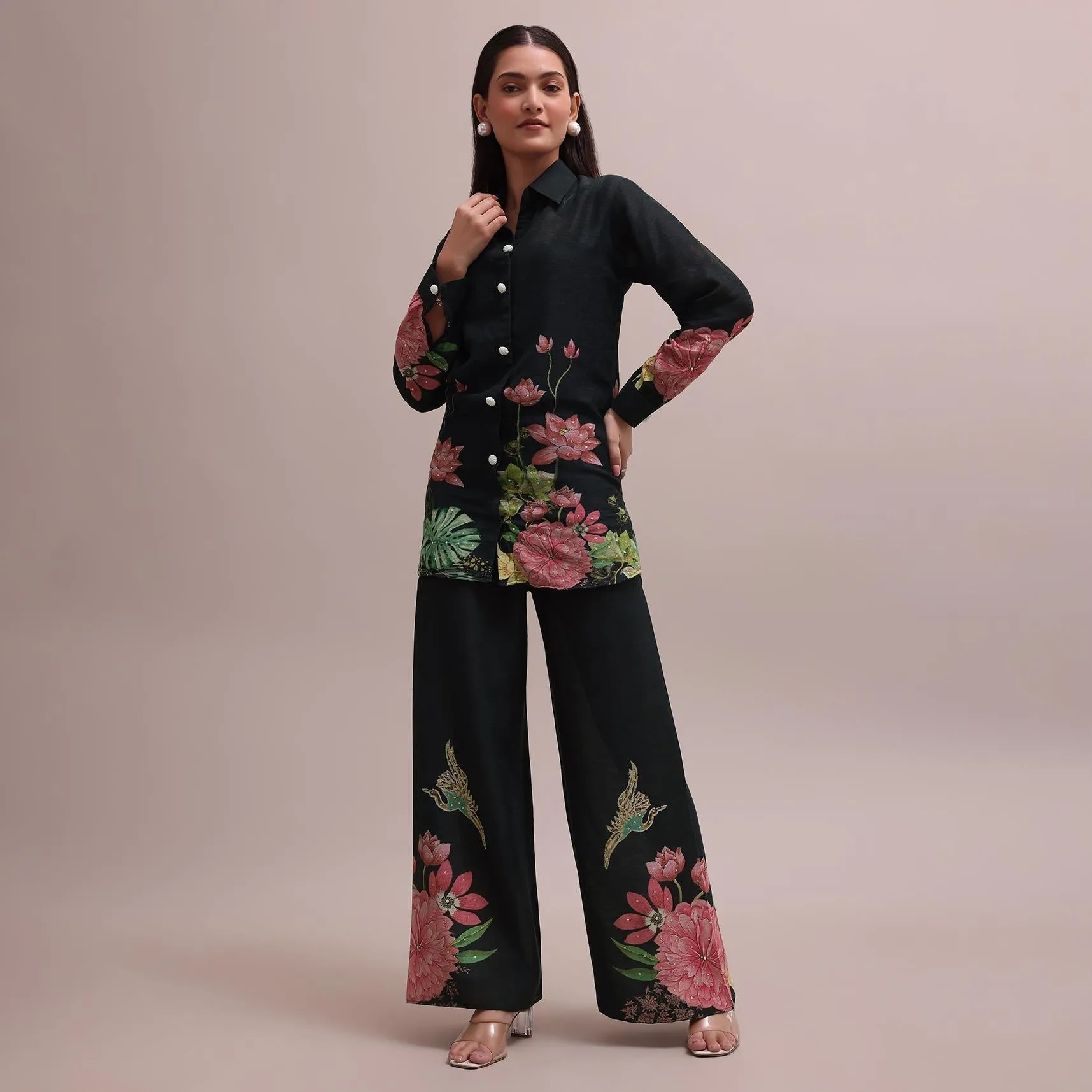 Black Sequin Worked Linen Summer Co-ord Set With Floral Prints