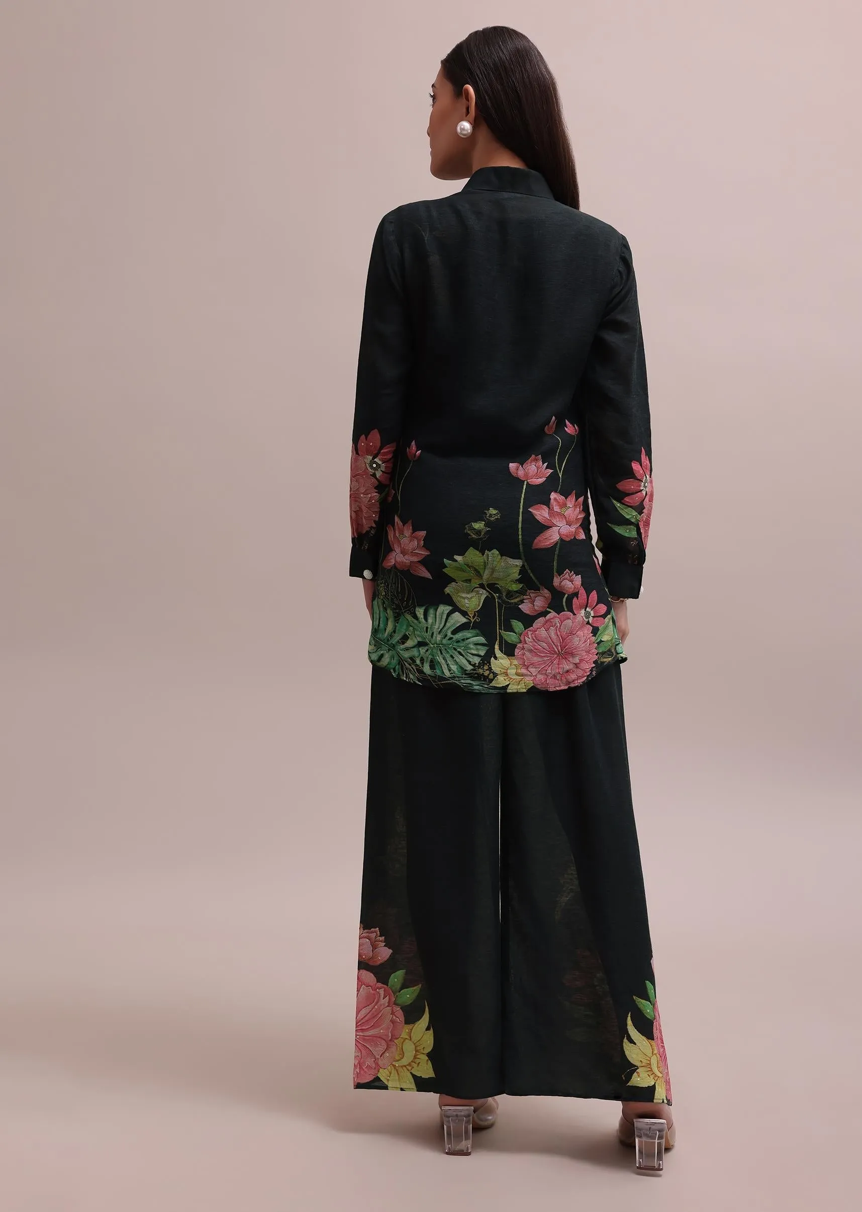 Black Sequin Worked Linen Summer Co-ord Set With Floral Prints