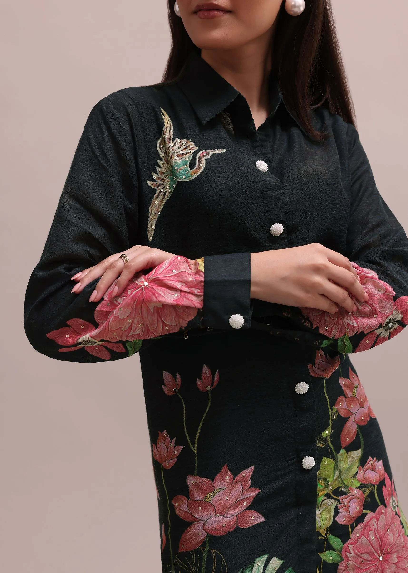 Black Sequin Worked Linen Summer Co-ord Set With Floral Prints