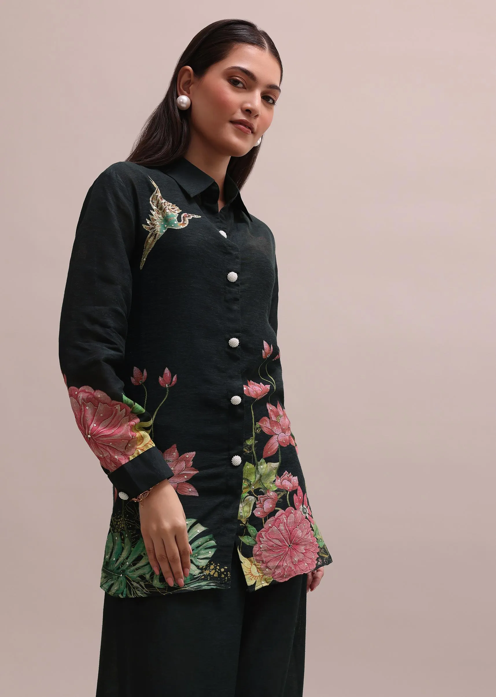 Black Sequin Worked Linen Summer Co-ord Set With Floral Prints