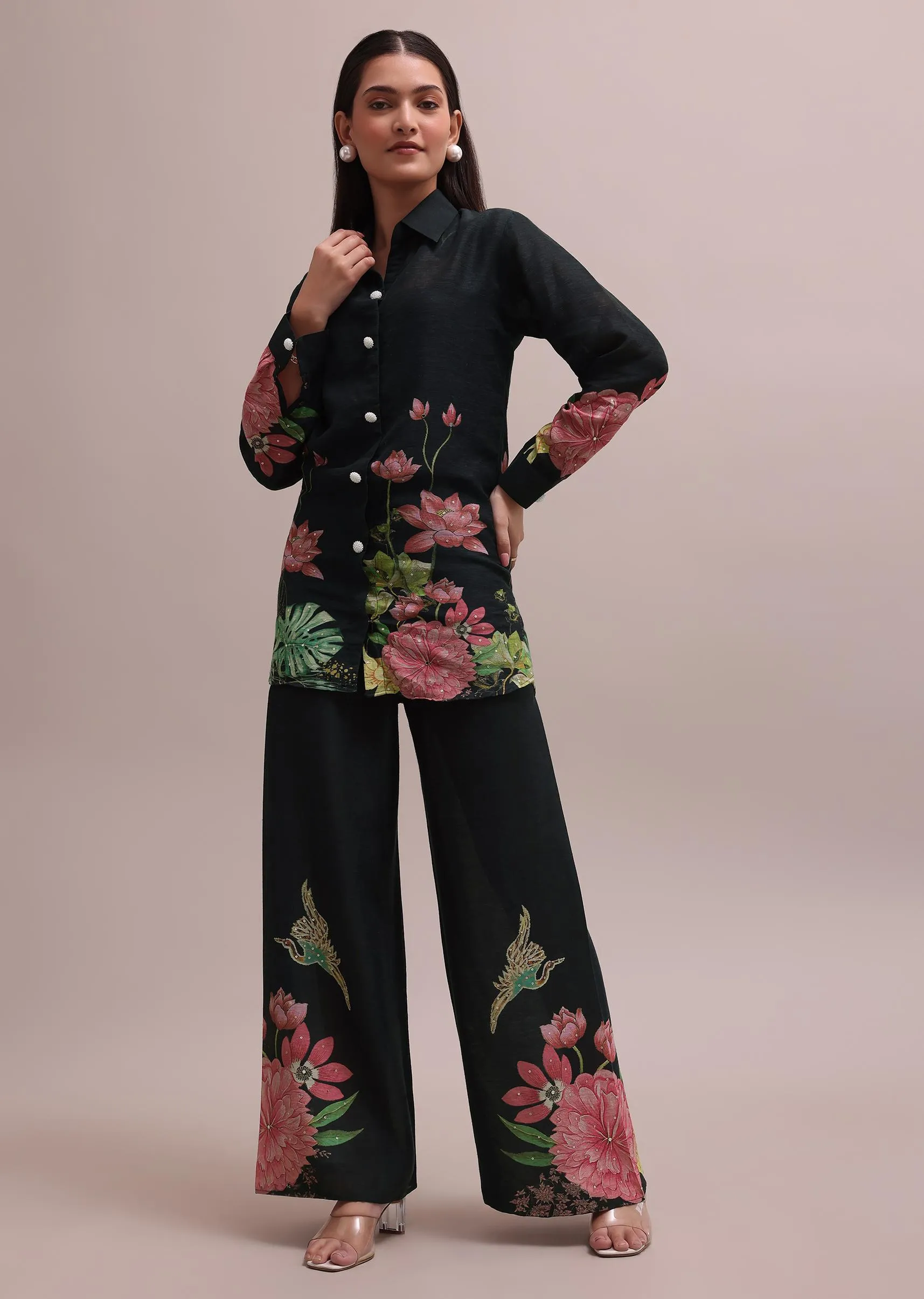 Black Sequin Worked Linen Summer Co-ord Set With Floral Prints