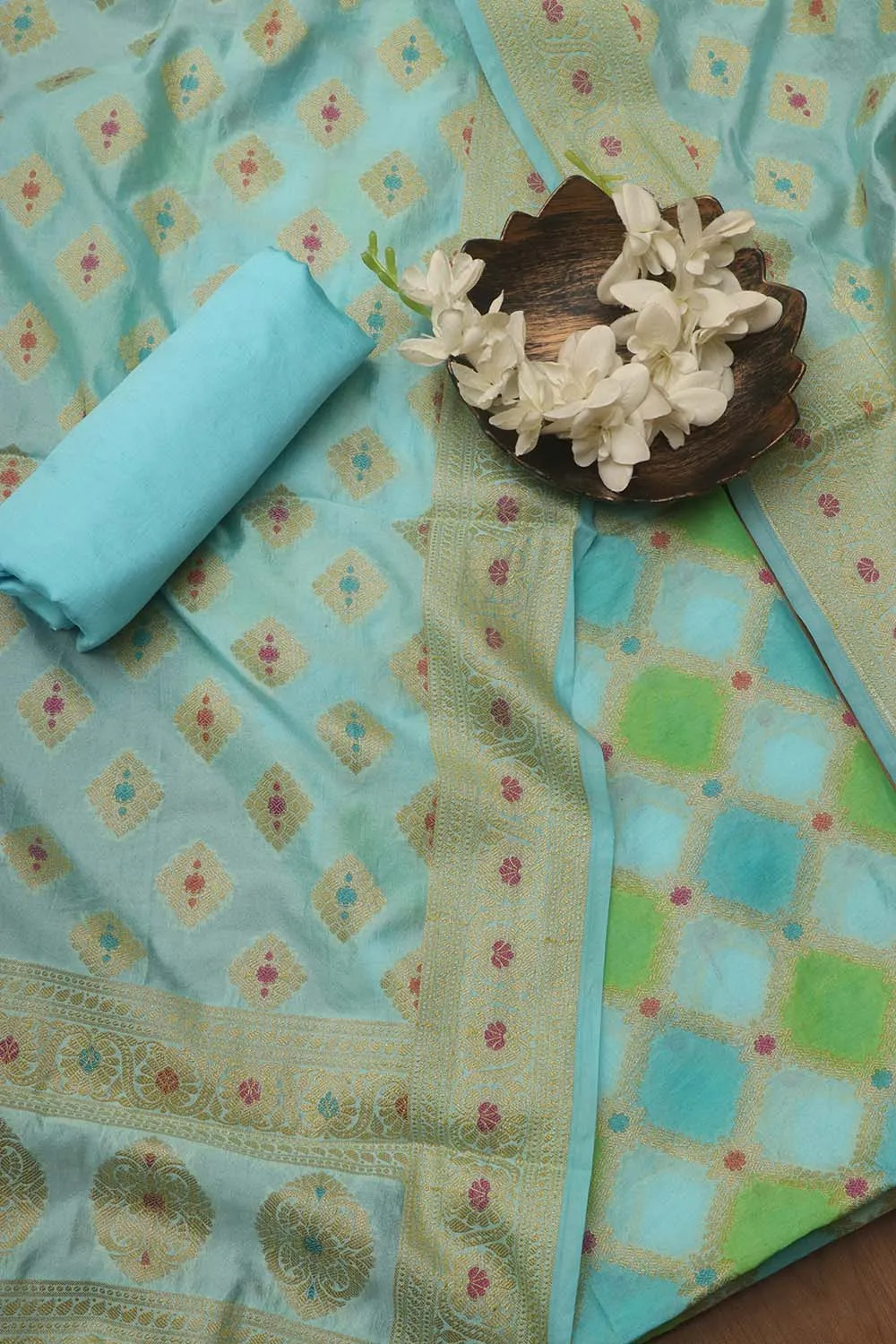 Blue Banarasi Chanderi Silk Brush Dye Three Piece Unstitched Suit Set