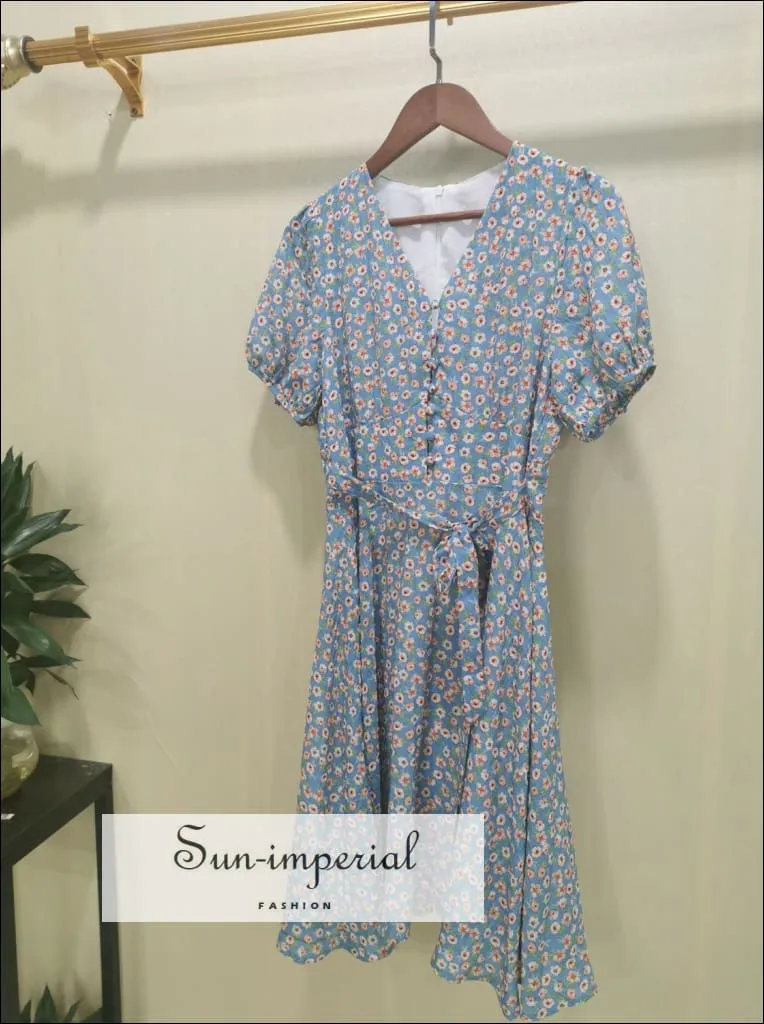 Blue Short Sleeve V-neck Floral Print Tie Waist Mini Dress