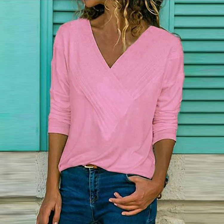 Brief V Neck Long Sleeve Plain Casual T-Shirts
