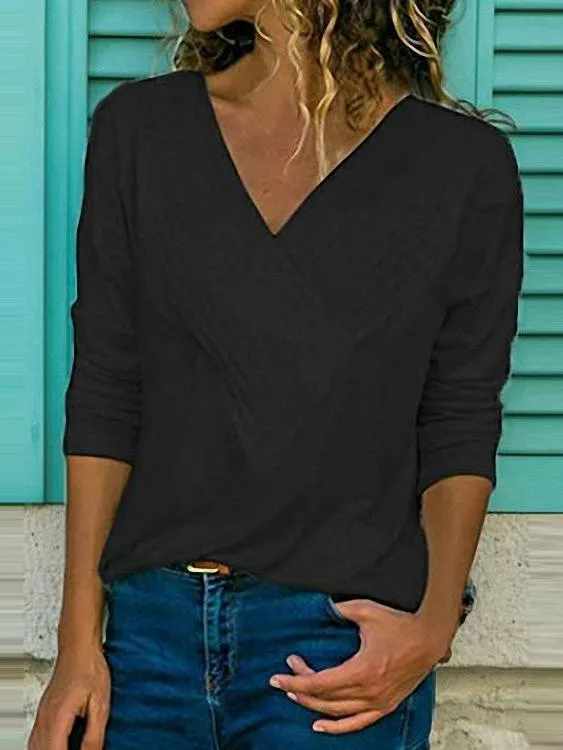 Brief V Neck Long Sleeve Plain Casual T-Shirts