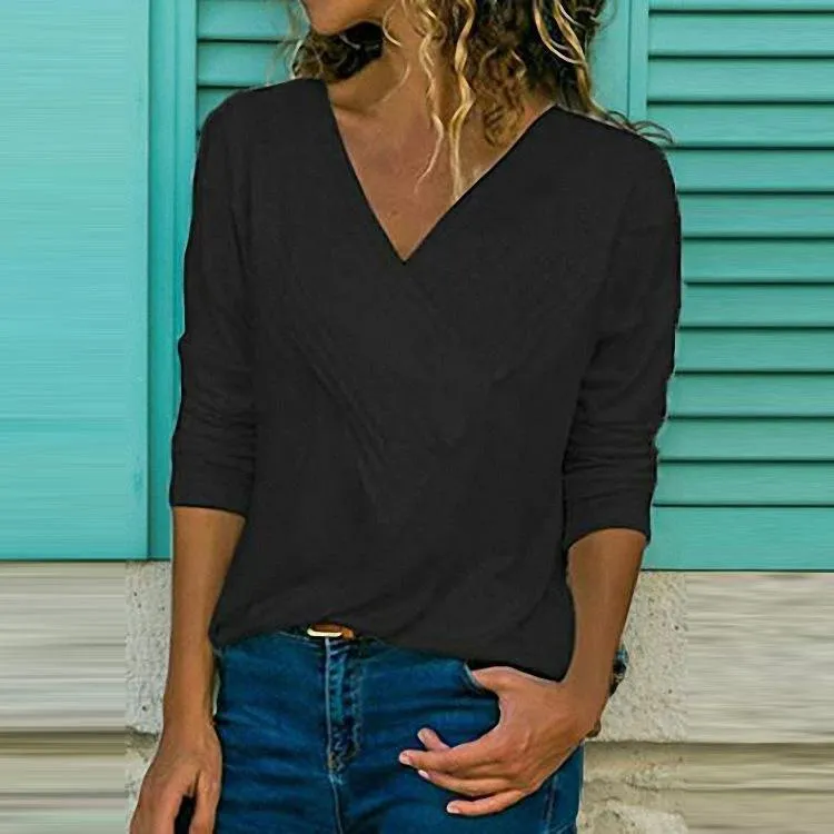 Brief V Neck Long Sleeve Plain Casual T-Shirts