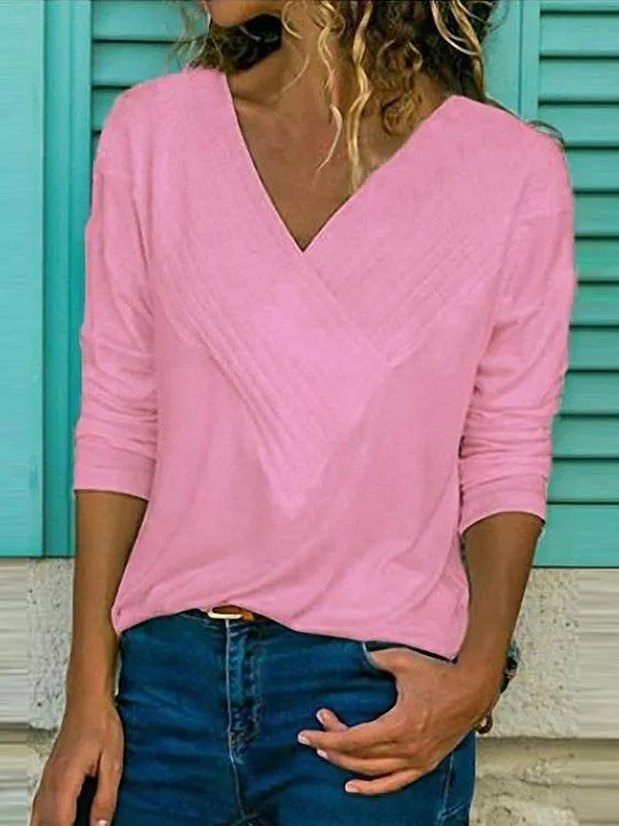 Brief V Neck Long Sleeve Plain Casual T-Shirts