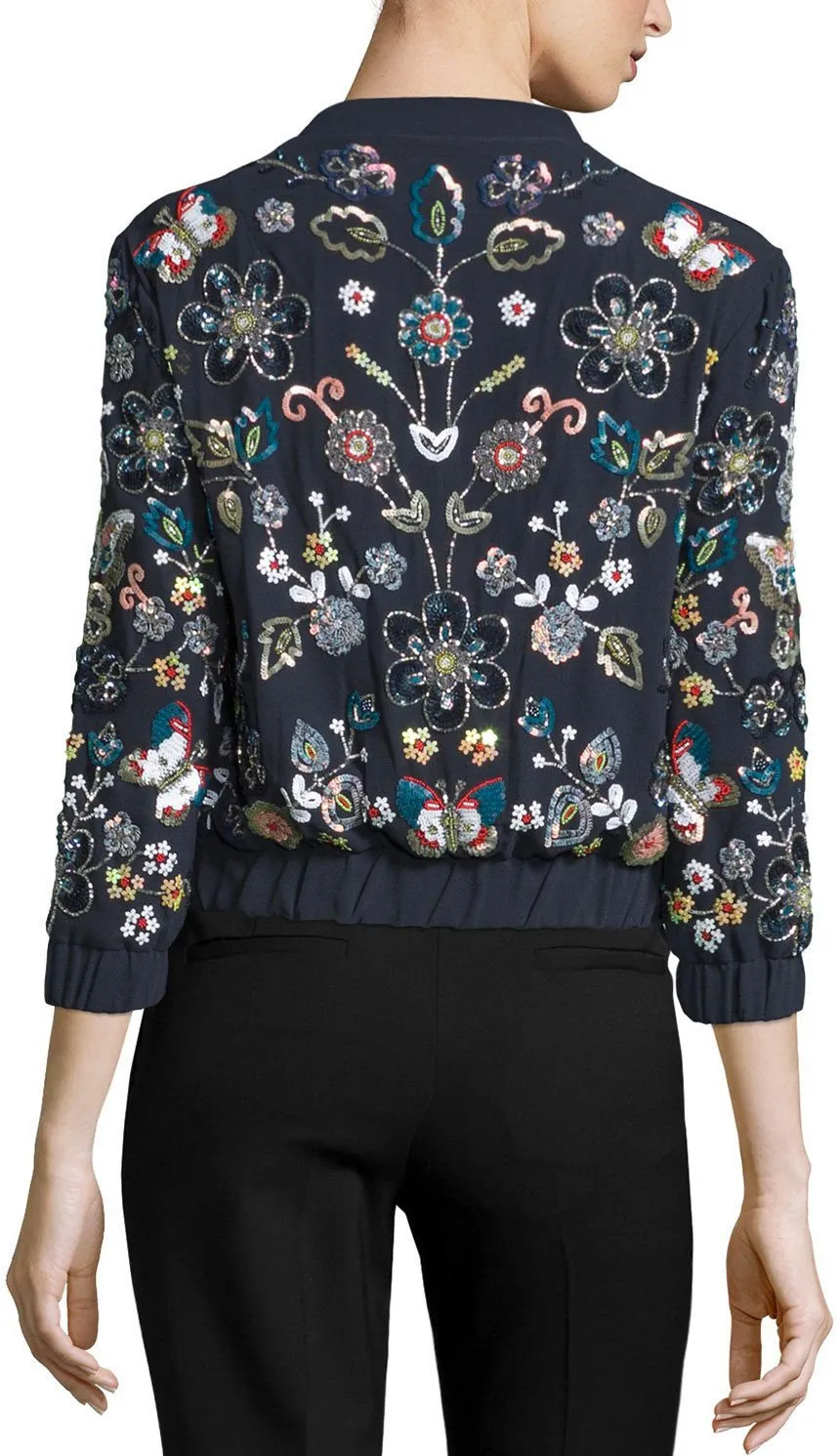 'Butterfly Garden' Floral Embellished Bomber Jacket in Blue