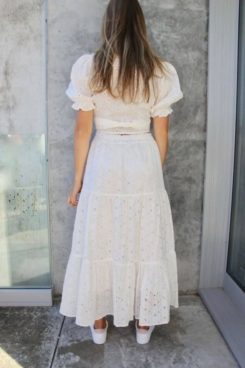 White California Maxi Skirt with Shirred Waist and Tiered Embroidery Anglaise Detailing