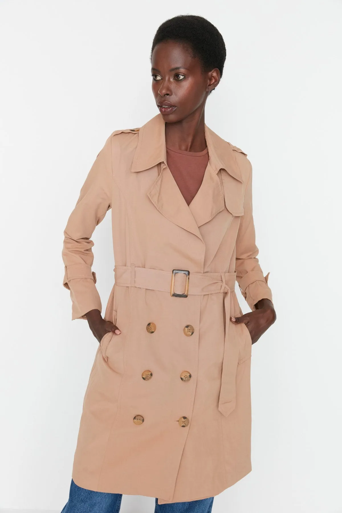 Camel Belted Windbreaker Detailed Long Trench Coat