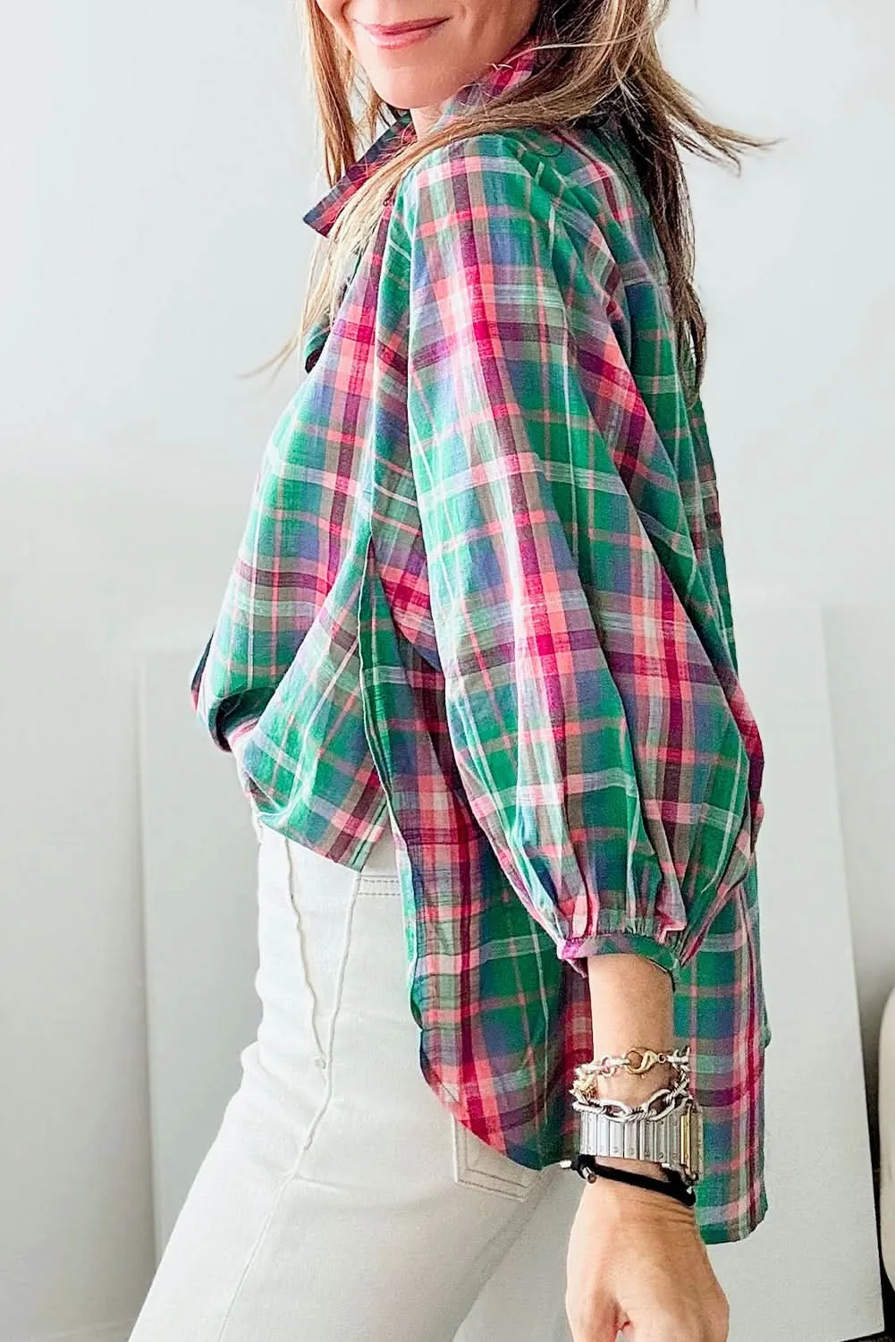 Casual green plaid shirt, 3/4 sleeve