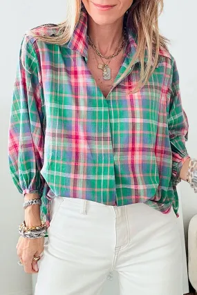Casual green plaid shirt, 3/4 sleeve