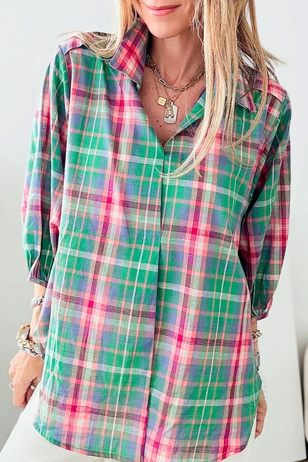 Casual green plaid shirt, 3/4 sleeve