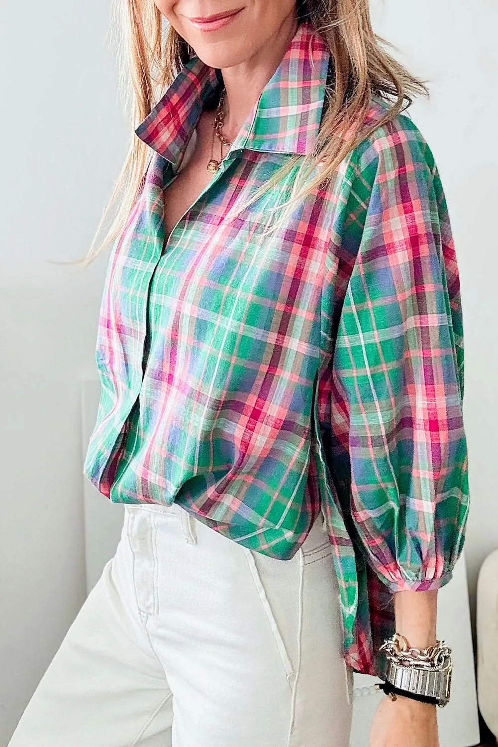 Casual green plaid shirt, 3/4 sleeve