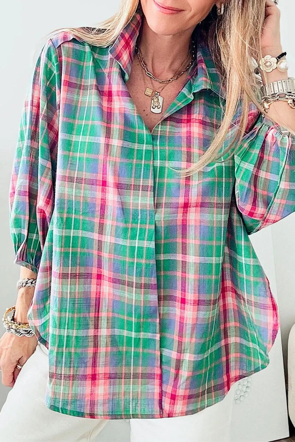 Casual green plaid shirt, 3/4 sleeve