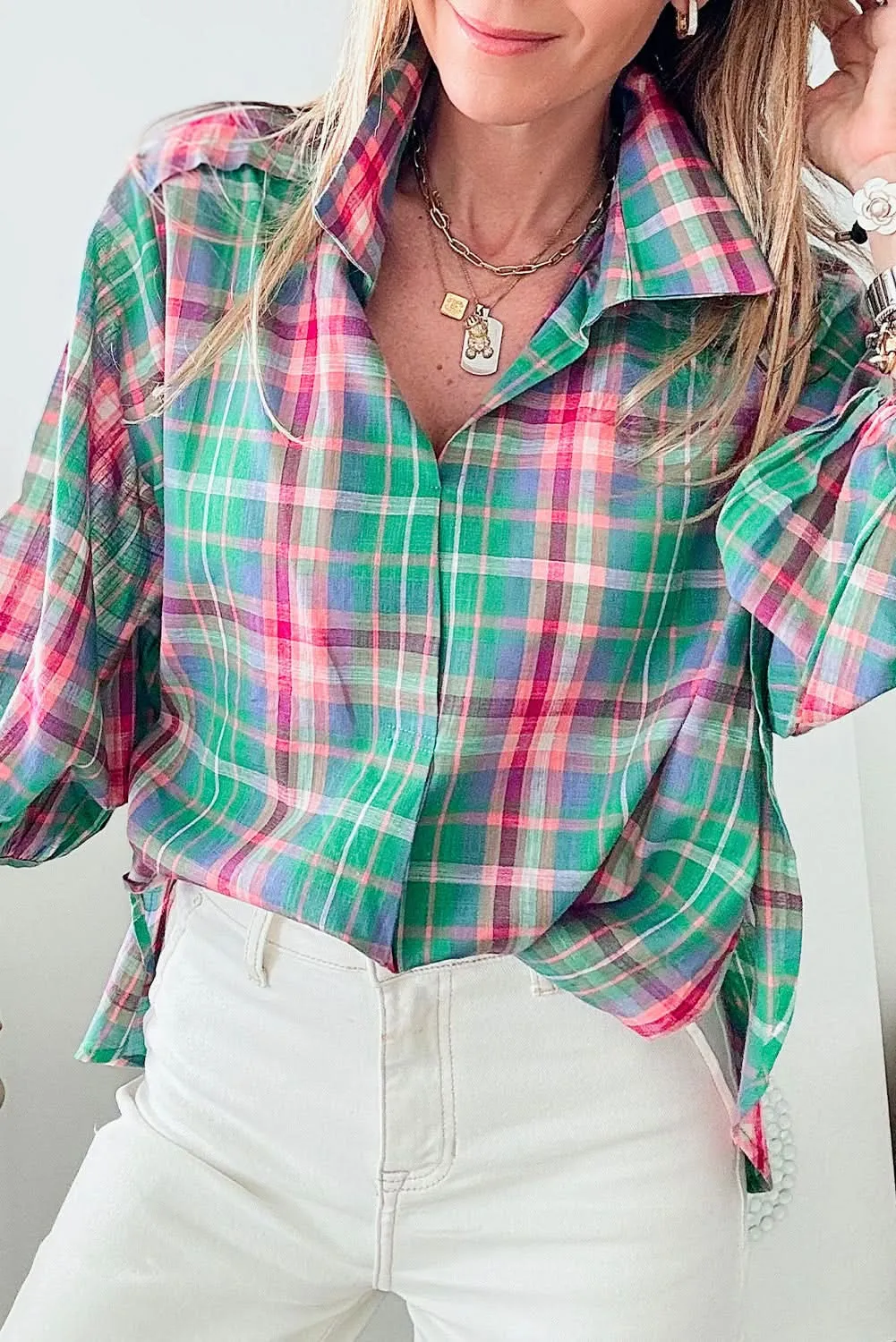 Casual green plaid shirt, 3/4 sleeve