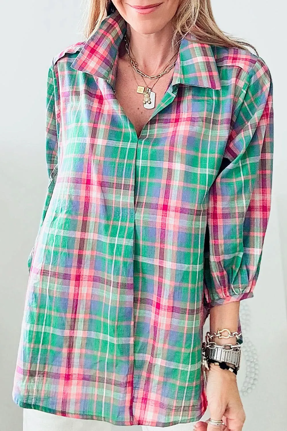 Casual green plaid shirt, 3/4 sleeve