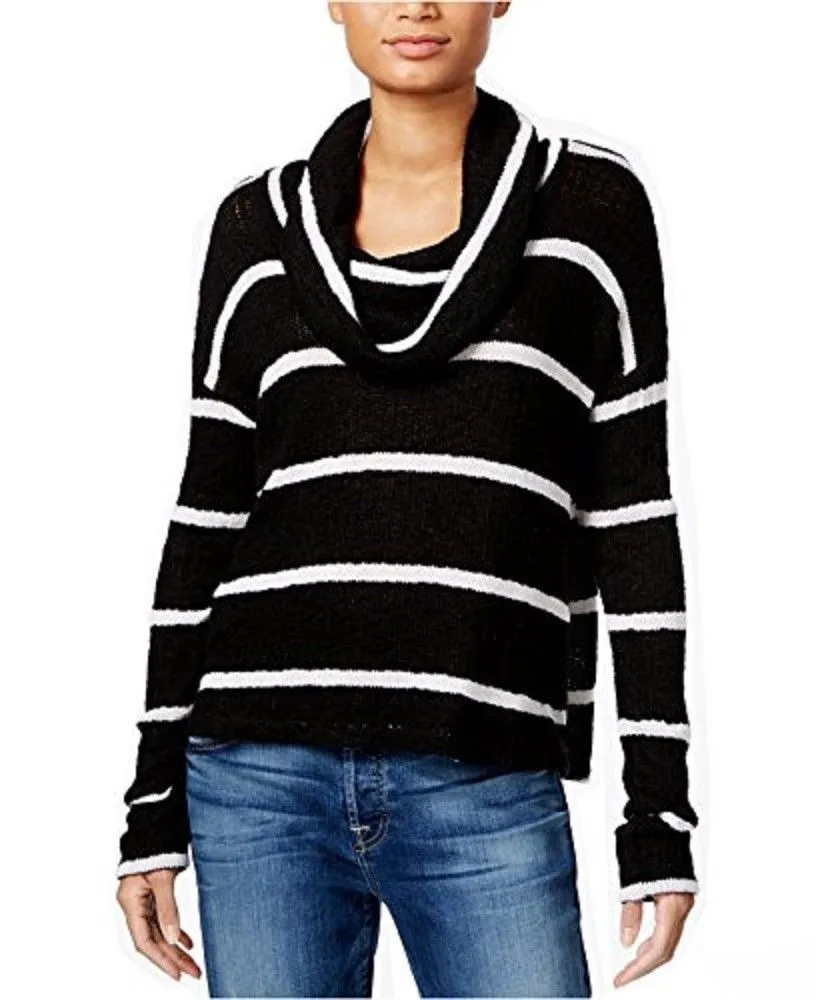 Chelsea Sky Women's Cowl Neck Striped Soft  Sweater, Black, M
