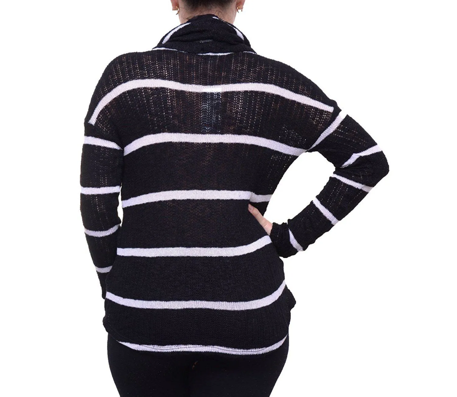 Chelsea Sky Women's Cowl Neck Striped Soft  Sweater, Black, M