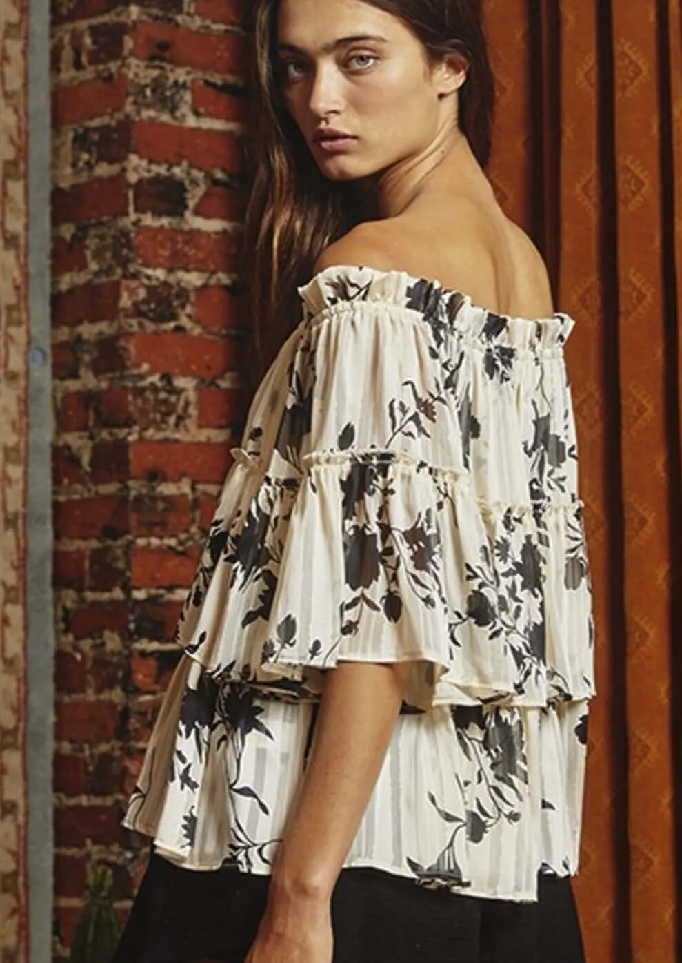 Chiffon Tiered Off the Shoulder Floral Top  CLEARANCE FINAL SALE