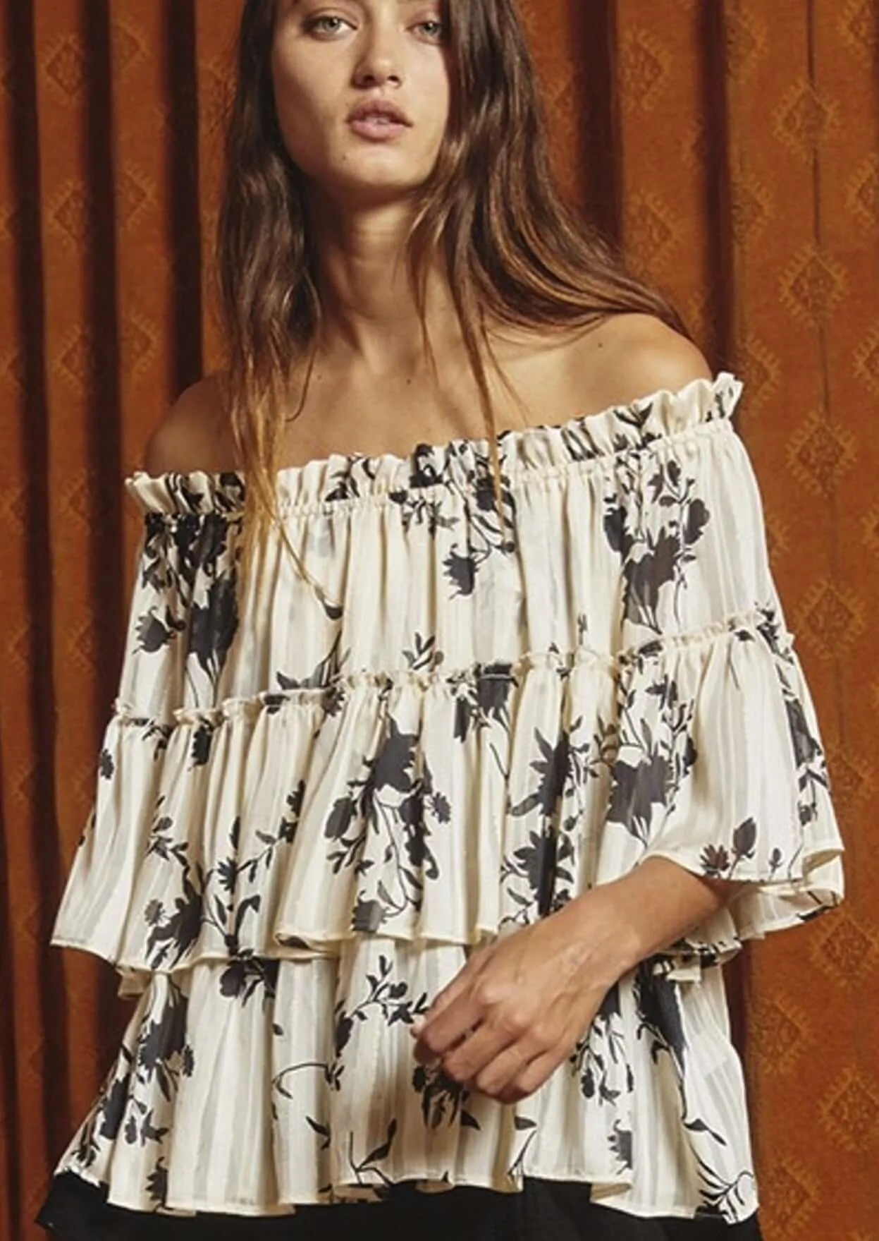 Chiffon Tiered Off the Shoulder Floral Top  CLEARANCE FINAL SALE