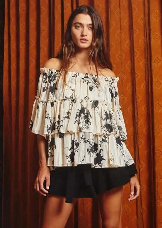 Chiffon Tiered Off the Shoulder Floral Top  CLEARANCE FINAL SALE