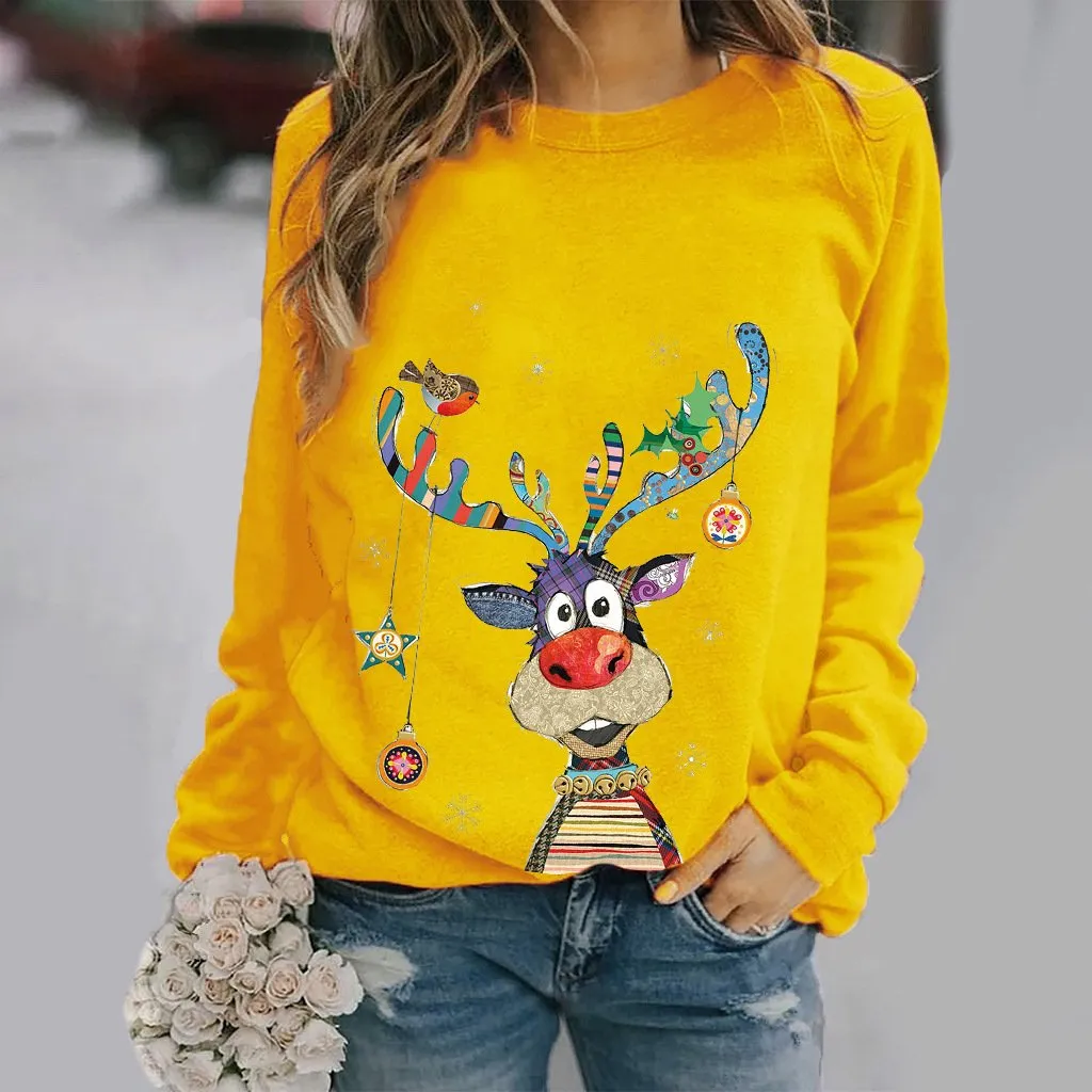 Christmas pattern printed long-sleeved round neck sweater women