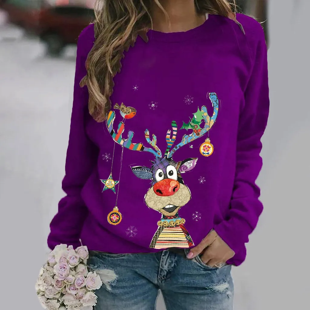 Christmas pattern printed long-sleeved round neck sweater women