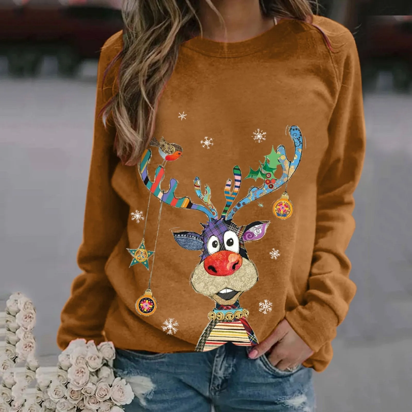 Christmas pattern printed long-sleeved round neck sweater women