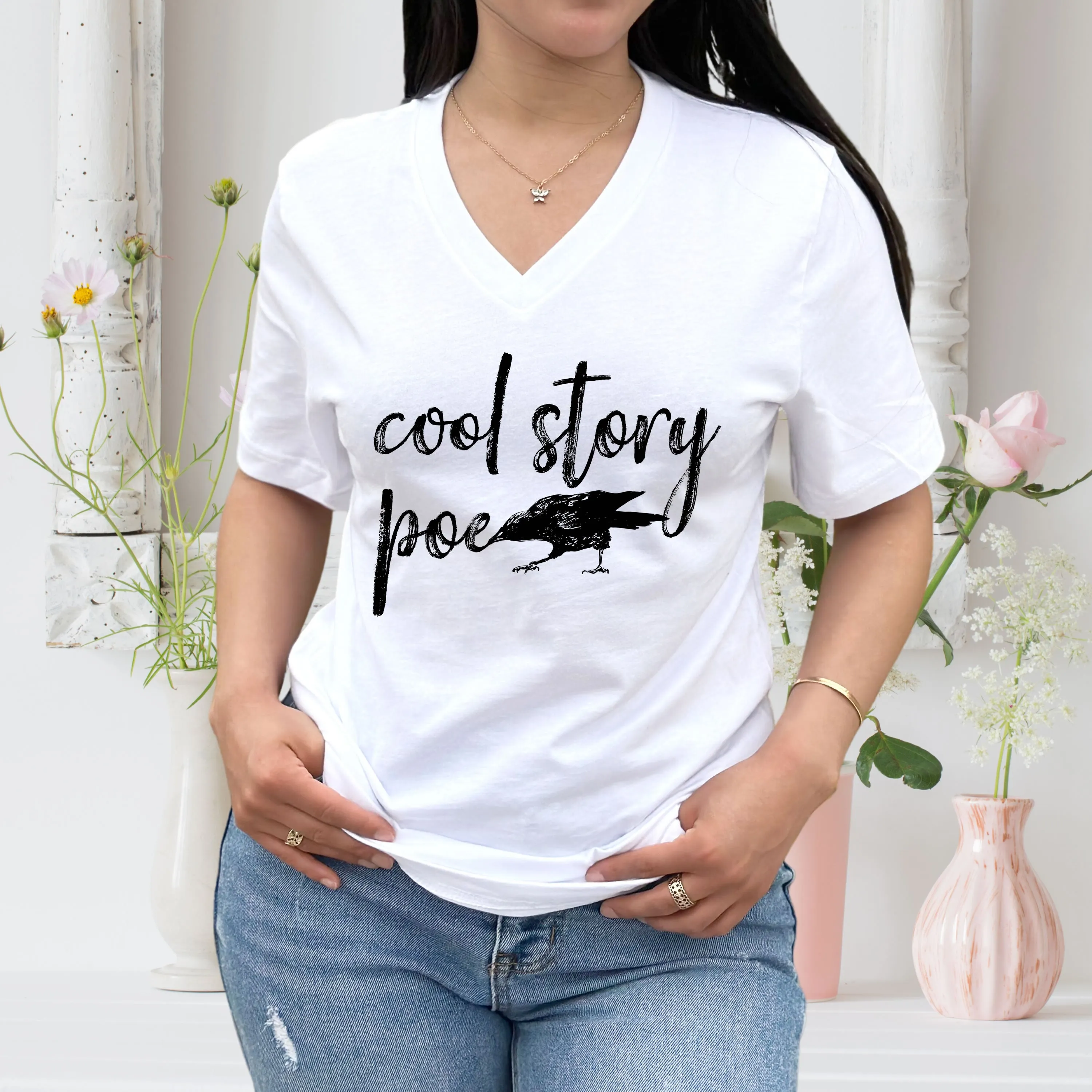 Cool Story Edgar Allan Poe Book Worm Shirt | Raven Book Lover Shirt | Unisex Jersey V-neck T-shirt