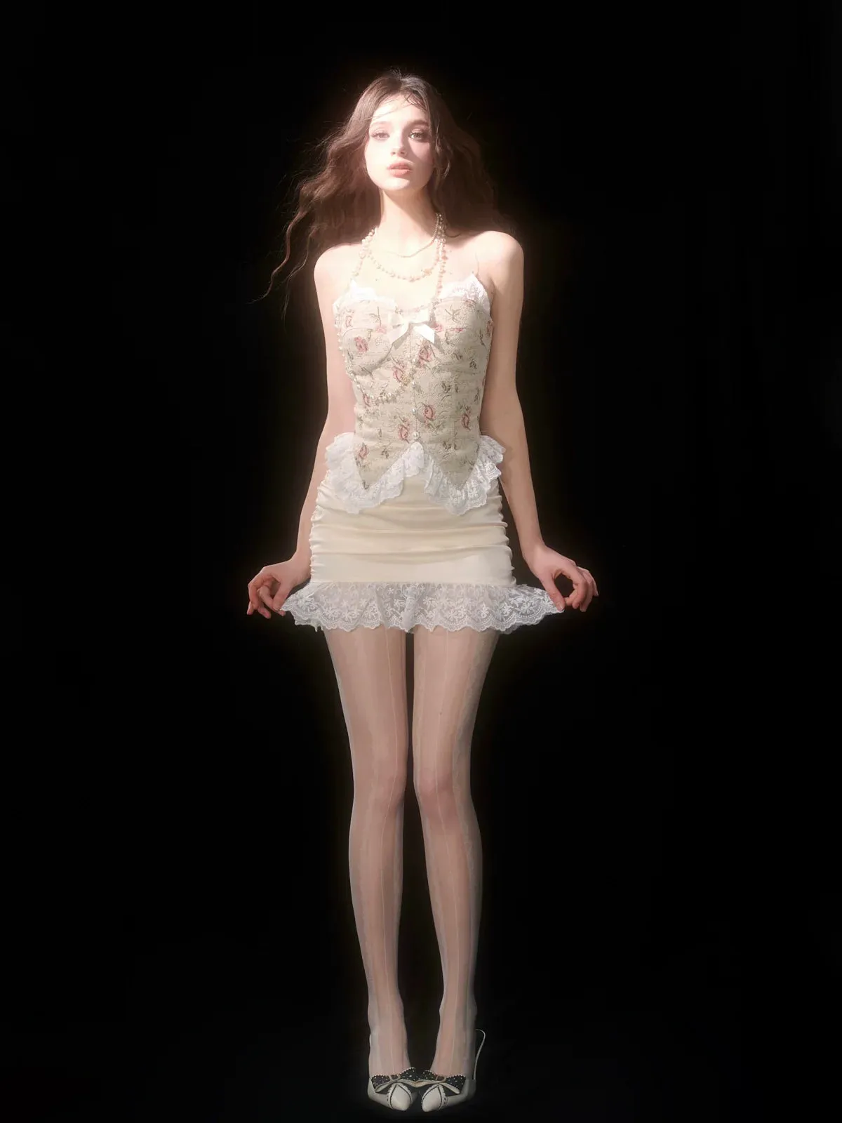 Dress British Style Suspender Floral Retro Court Jacquard