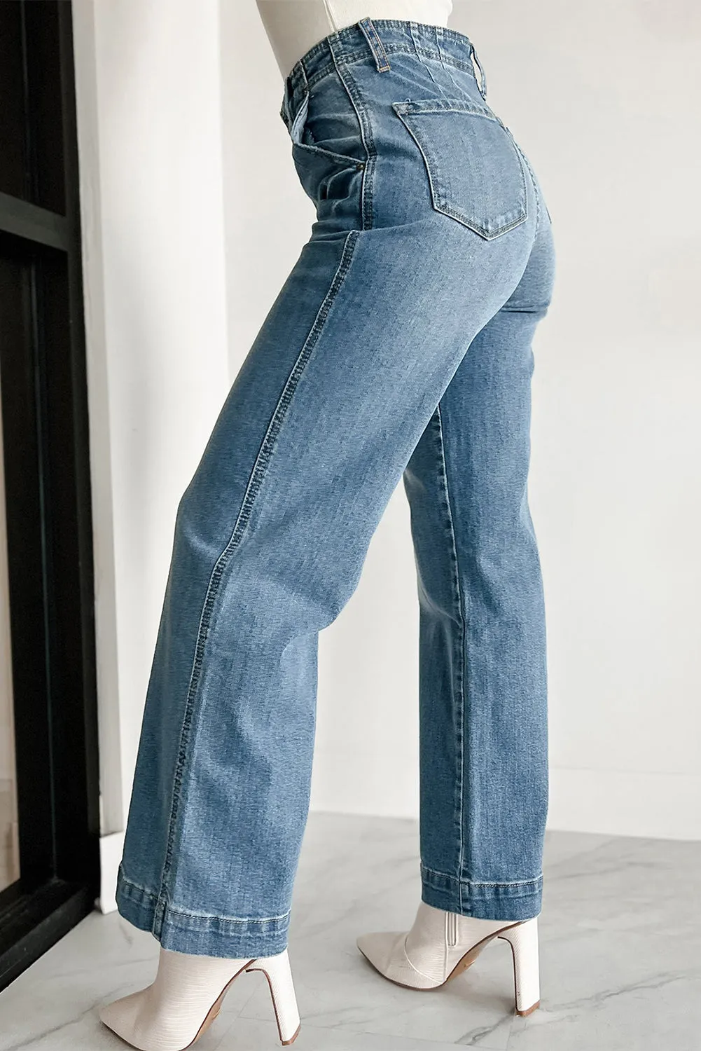 Dusk Blue Button Up Medium Wash Straight Loose Leg Jeans
