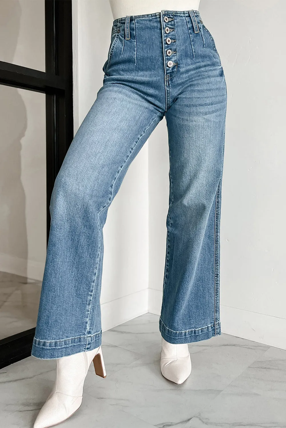 Dusk Blue Button Up Medium Wash Straight Loose Leg Jeans
